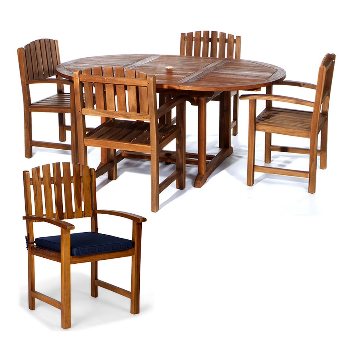 All Things Cedar 5-Piece Oval Extension Table Dining Chair Set with Blue Cushions