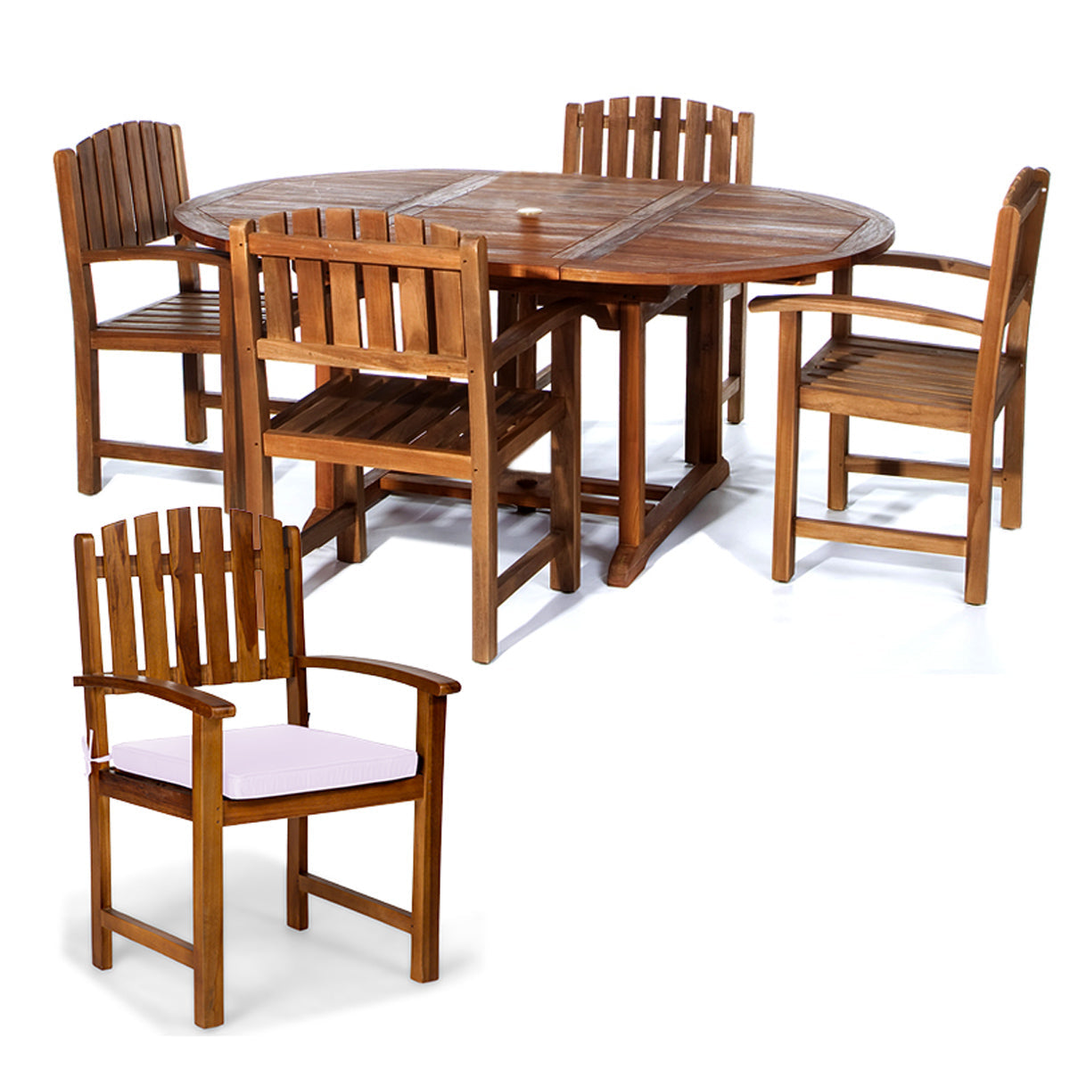 All Things Cedar 5-Piece Oval Extension Table Dining Chair Set with Royal White Cushions