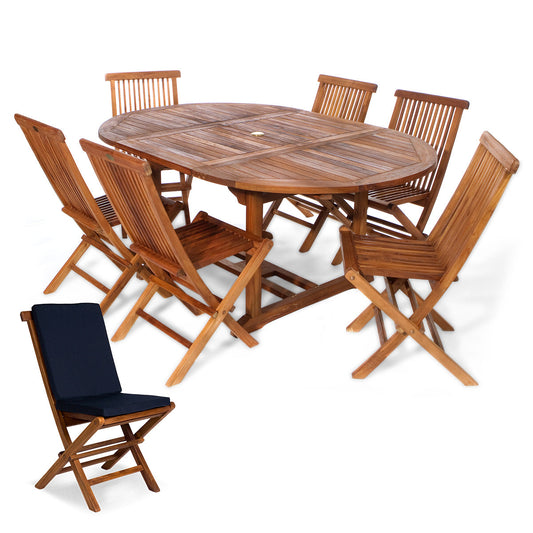 All Things Cedar 7-Piece Oval Extension Table Folding Chair Set with Blue Cushions