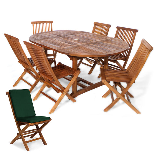 All Things Cedar 7-Piece Oval Extension Table Folding Chair Set with Green Cushions