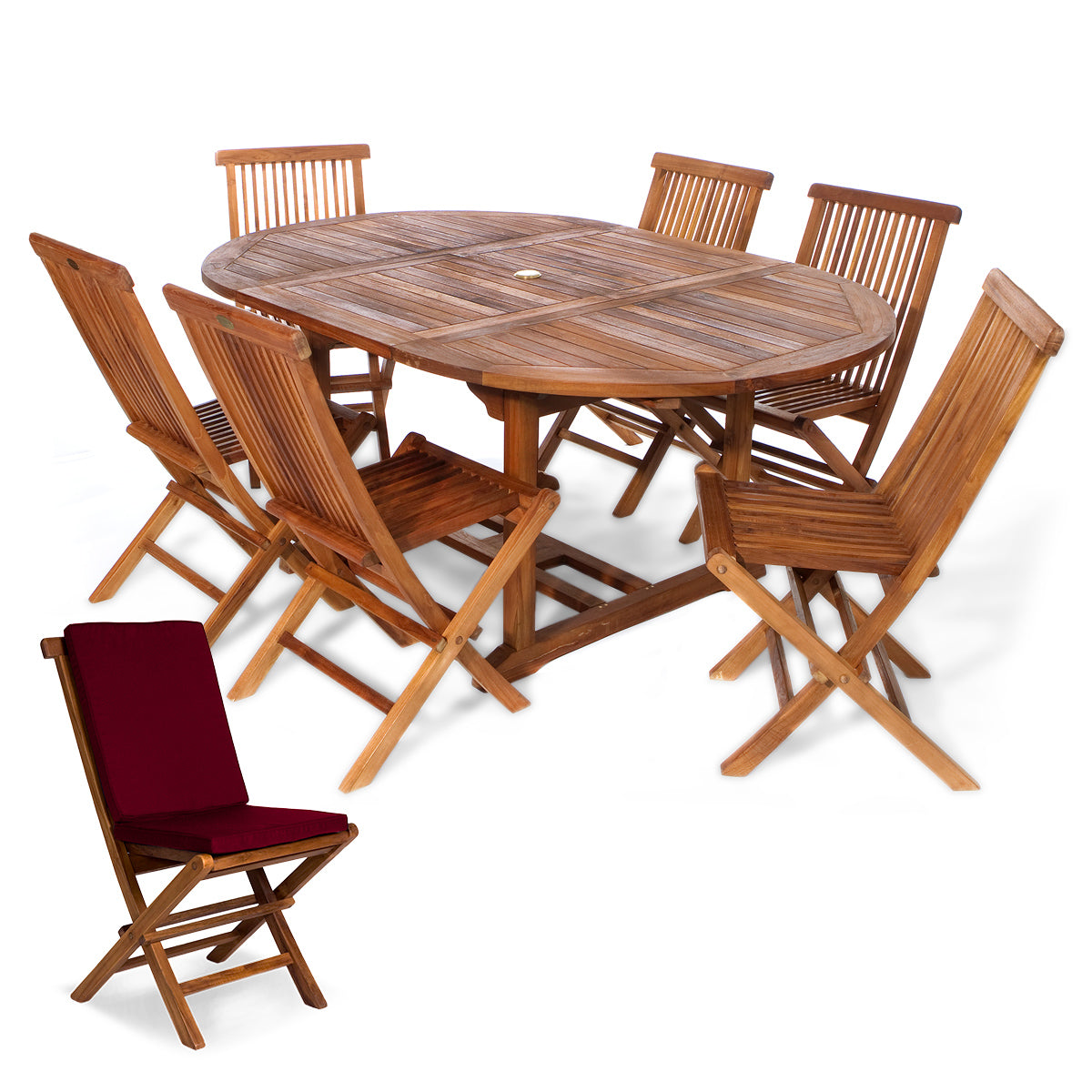 All Things Cedar 7-Piece Oval Extension Table Folding Chair Set with Red Cushions