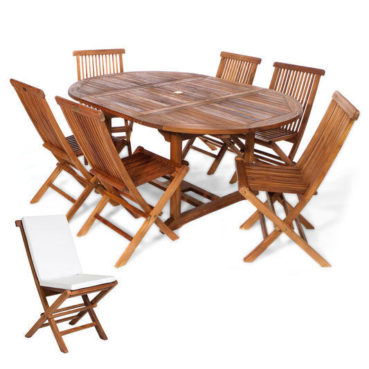 All Things Cedar 7-Piece Oval Extension Table Folding Chair Set with White Cushions