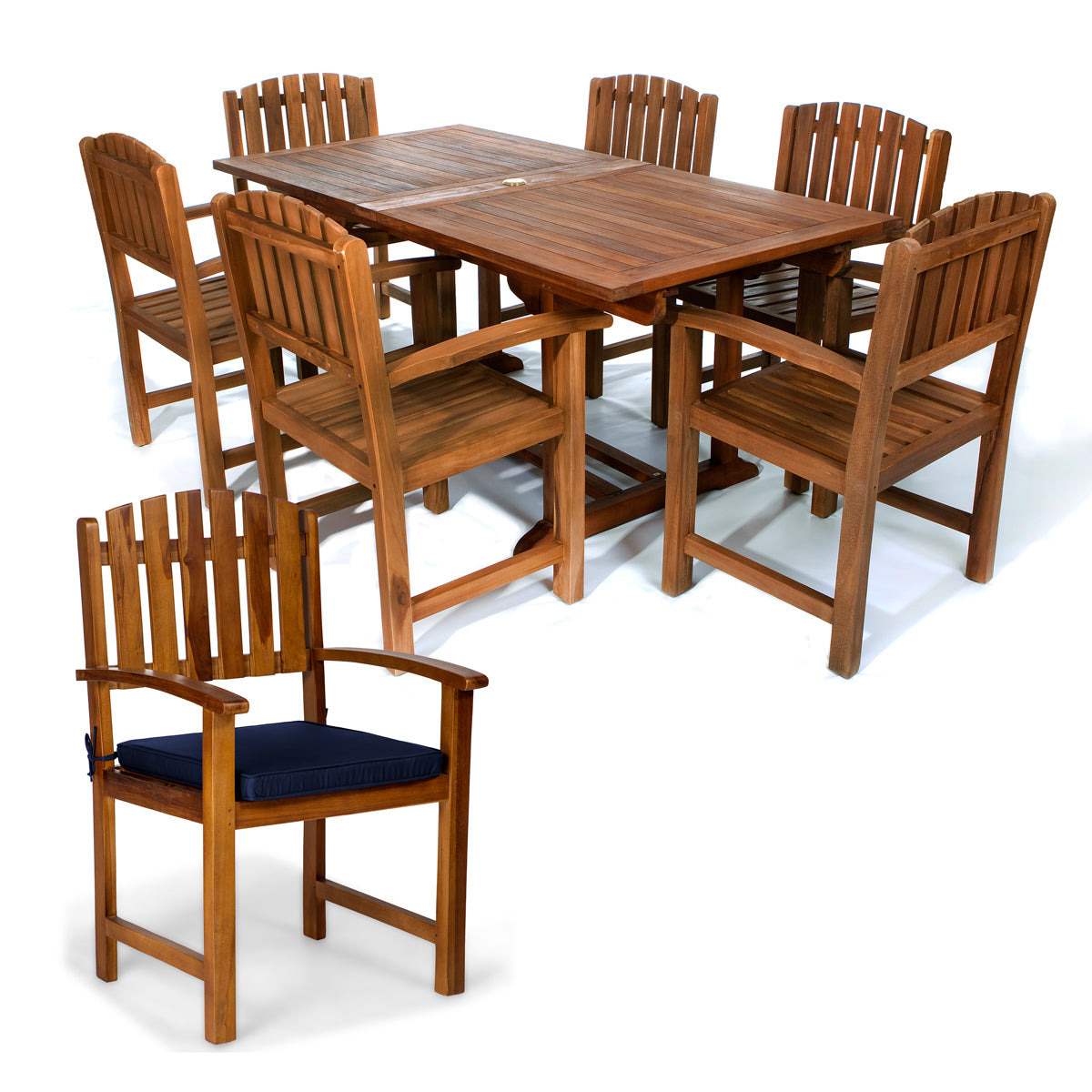 All Things Cedar 7-Piece Twin Butterfly Leaf Teak Extension Table Dining Chair Set with Blue Cushions