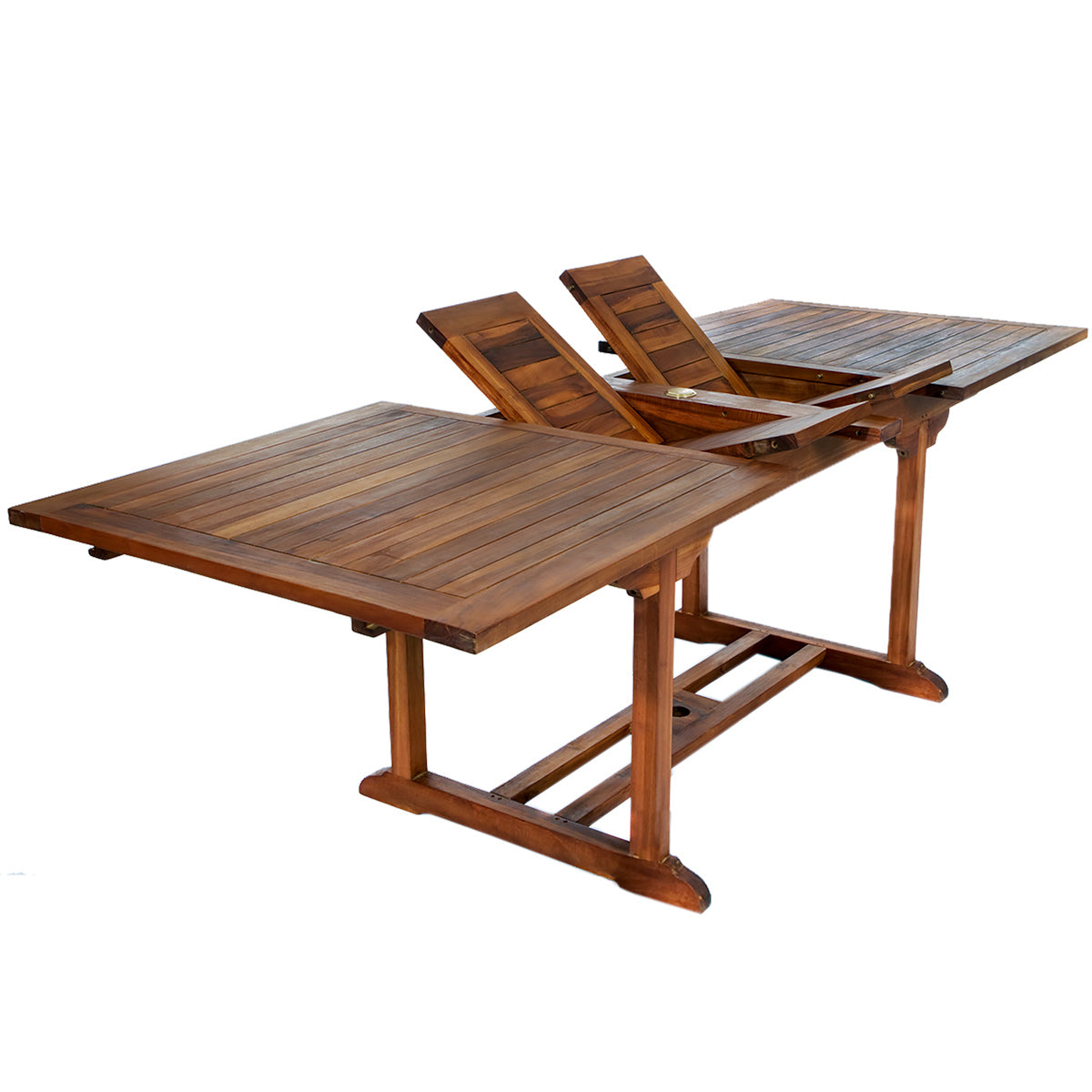 All Things Cedar 7-Piece Twin Butterfly Leaf Teak Extension Table Dining Chair Set with Red Cushions