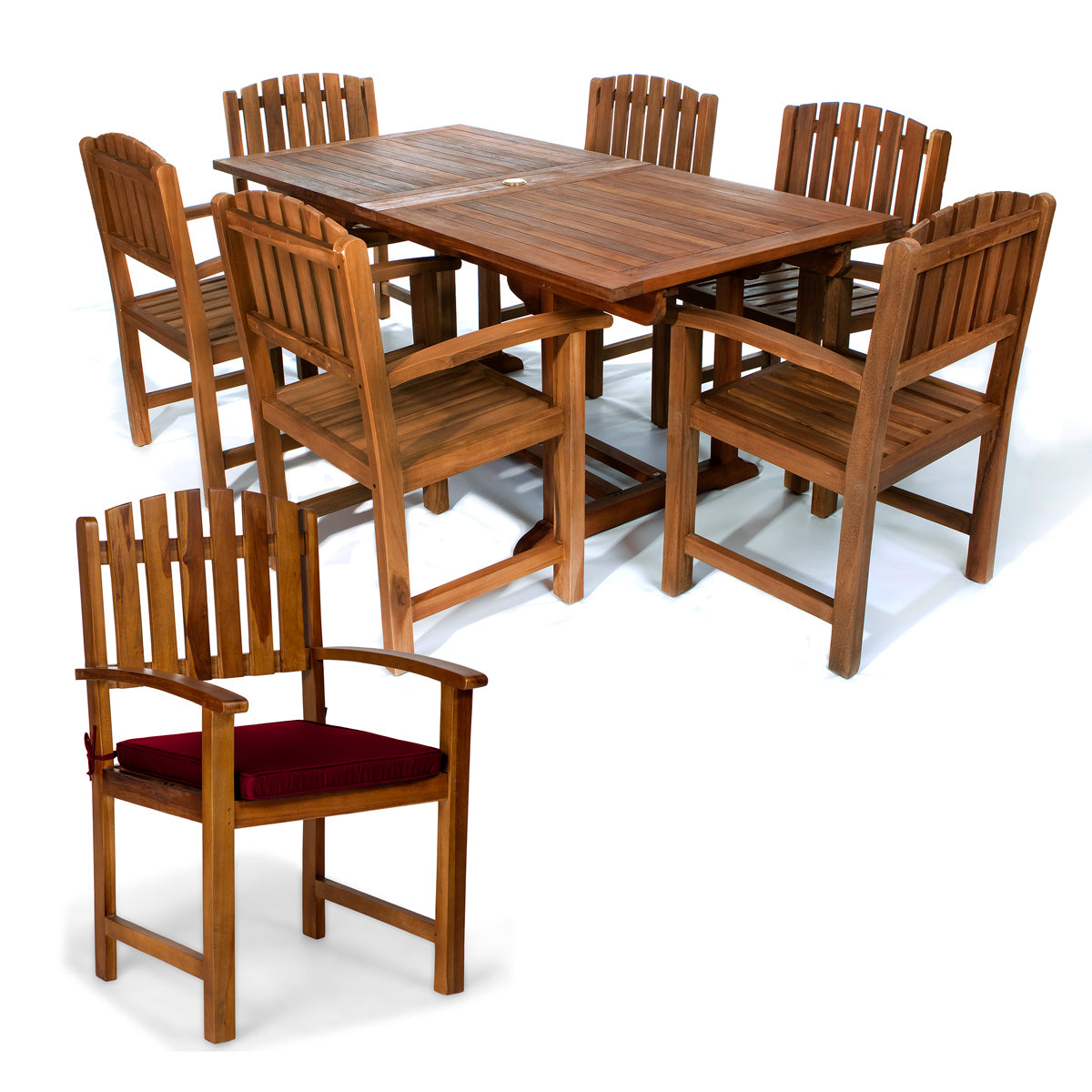 All Things Cedar 7-Piece Twin Butterfly Leaf Teak Extension Table Dining Chair Set with Red Cushions