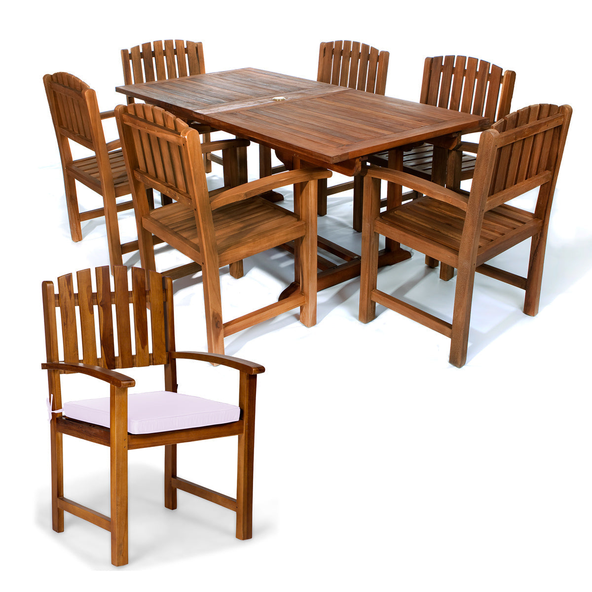 All Things Cedar 7-Piece Twin Butterfly Leaf Teak Extension Table Dining Chair Set with Royal White Cushions