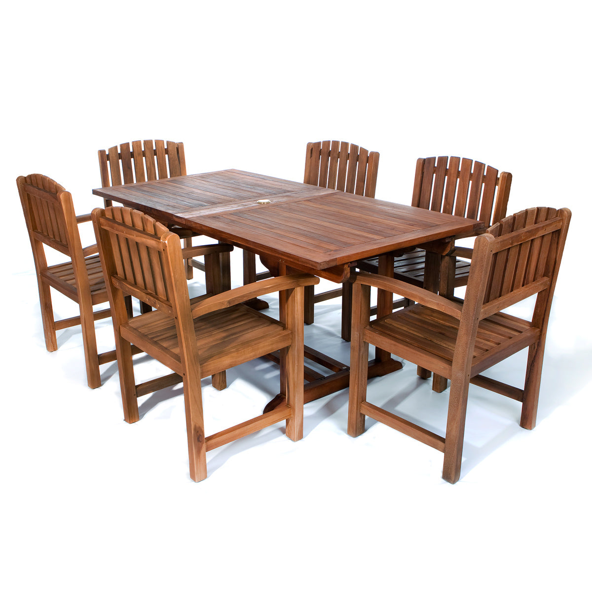 All Things Cedar 7-Piece Twin Butterfly Leaf Teak Extension Table Dining Chair Set