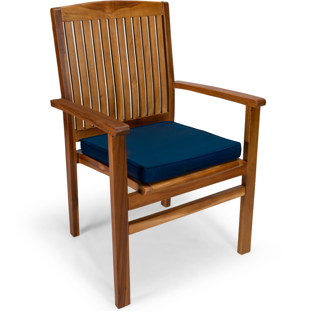 All Things Cedar 7-Piece Twin Butterfly Leaf Teak Extension Table Stacking Chair Set with Blue Cushions
