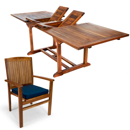All Things Cedar 7-Piece Twin Butterfly Leaf Teak Extension Table Stacking Chair Set with Blue Cushions