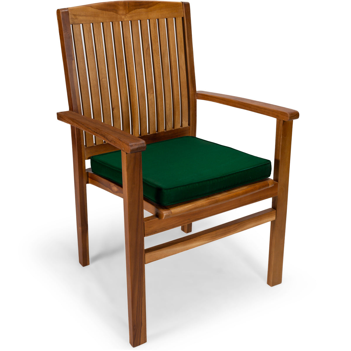 All Things Cedar 7-Piece Twin Butterfly Leaf Teak Extension Table Stacking Chair Set with Green Cushions