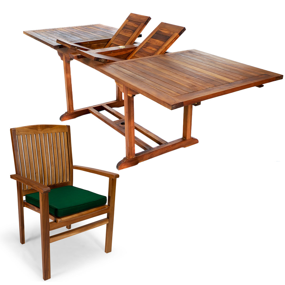 All Things Cedar 7-Piece Twin Butterfly Leaf Teak Extension Table Stacking Chair Set with Green Cushions