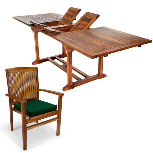 All Things Cedar 7-Piece Twin Butterfly Leaf Teak Extension Table Stacking Chair Set with Green Cushions