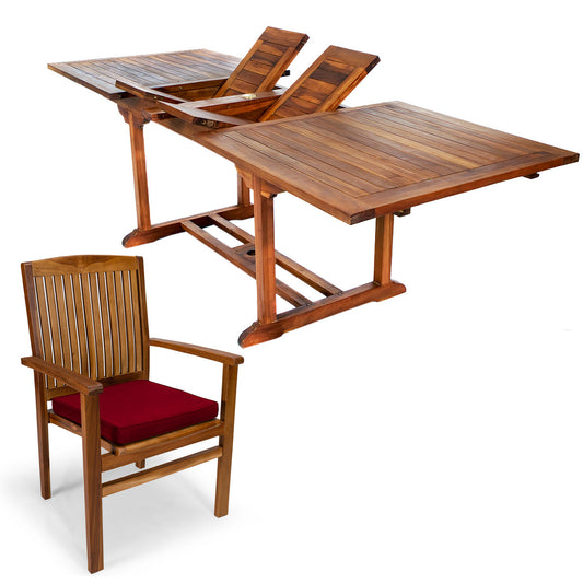 All Things Cedar 7-Piece Twin Butterfly Leaf Teak Extension Table Stacking Chair Set with Red Cushions