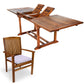All Things Cedar 7-Piece Twin Butterfly Leaf Teak Extension Table Stacking Chair Set with Royal White Cushions