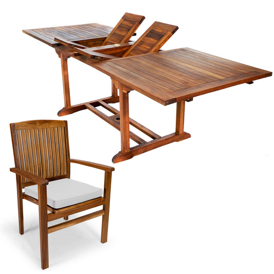All Things Cedar 7-Piece Twin Butterfly Leaf Teak Extension Table Stacking Chair Set with White Cushions