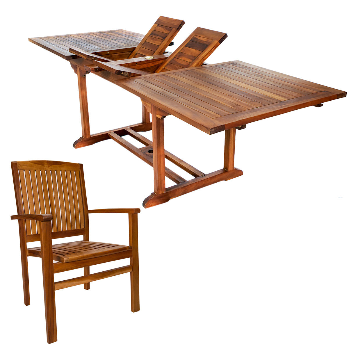 All Things Cedar 7-Piece Twin Butterfly Leaf Teak Extension Table Stacking Chair Set