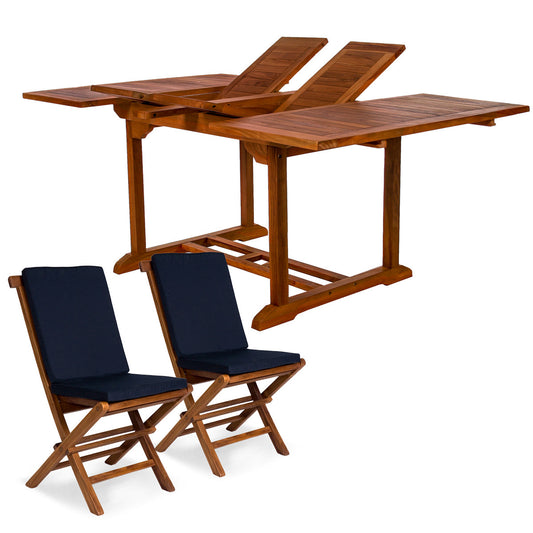 All Things Cedar 9-Piece Butterfly Extension Table Folding Chair Set with Blue Cushions