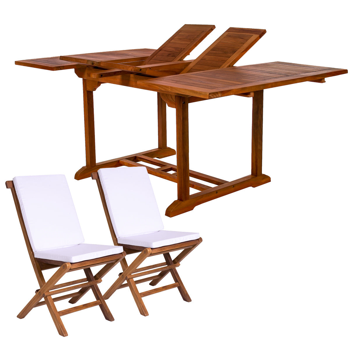 All Things Cedar 9-Piece Butterfly Extension Table Folding Chair Set with Royal White Cushions