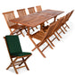 All Things Cedar 9-Piece Twin Butterfly Leaf Teak Extension Table Folding Chair Set with Green Cushions
