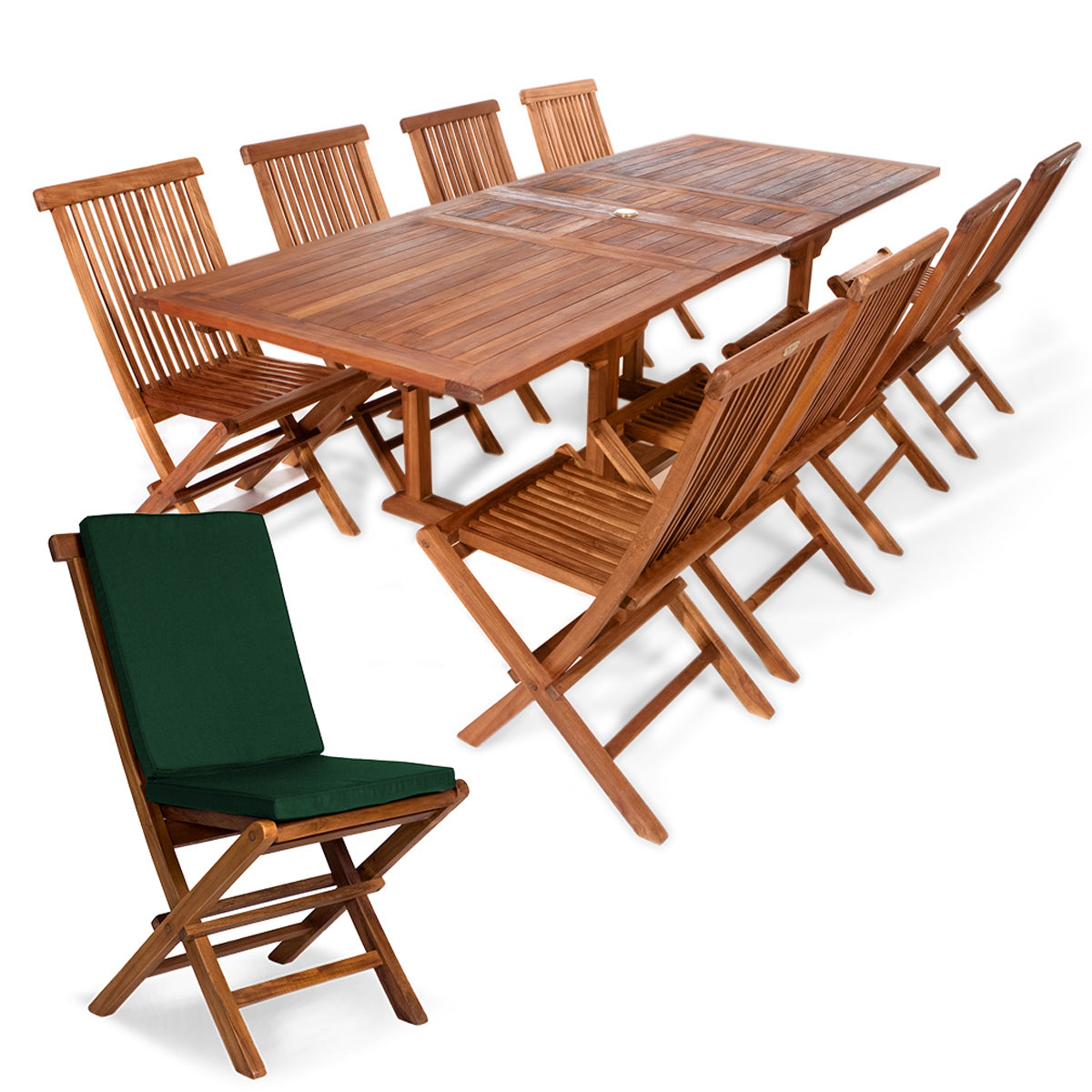 All Things Cedar 9-Piece Twin Butterfly Leaf Teak Extension Table Folding Chair Set with Green Cushions