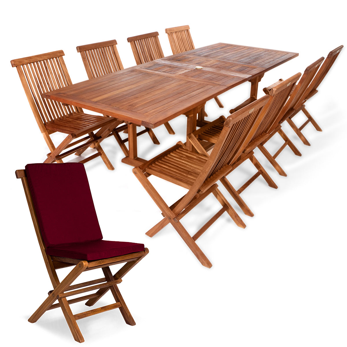 All Things Cedar 9-Piece Twin Butterfly Leaf Teak Extension Table Folding Chair Set with Red Cushions