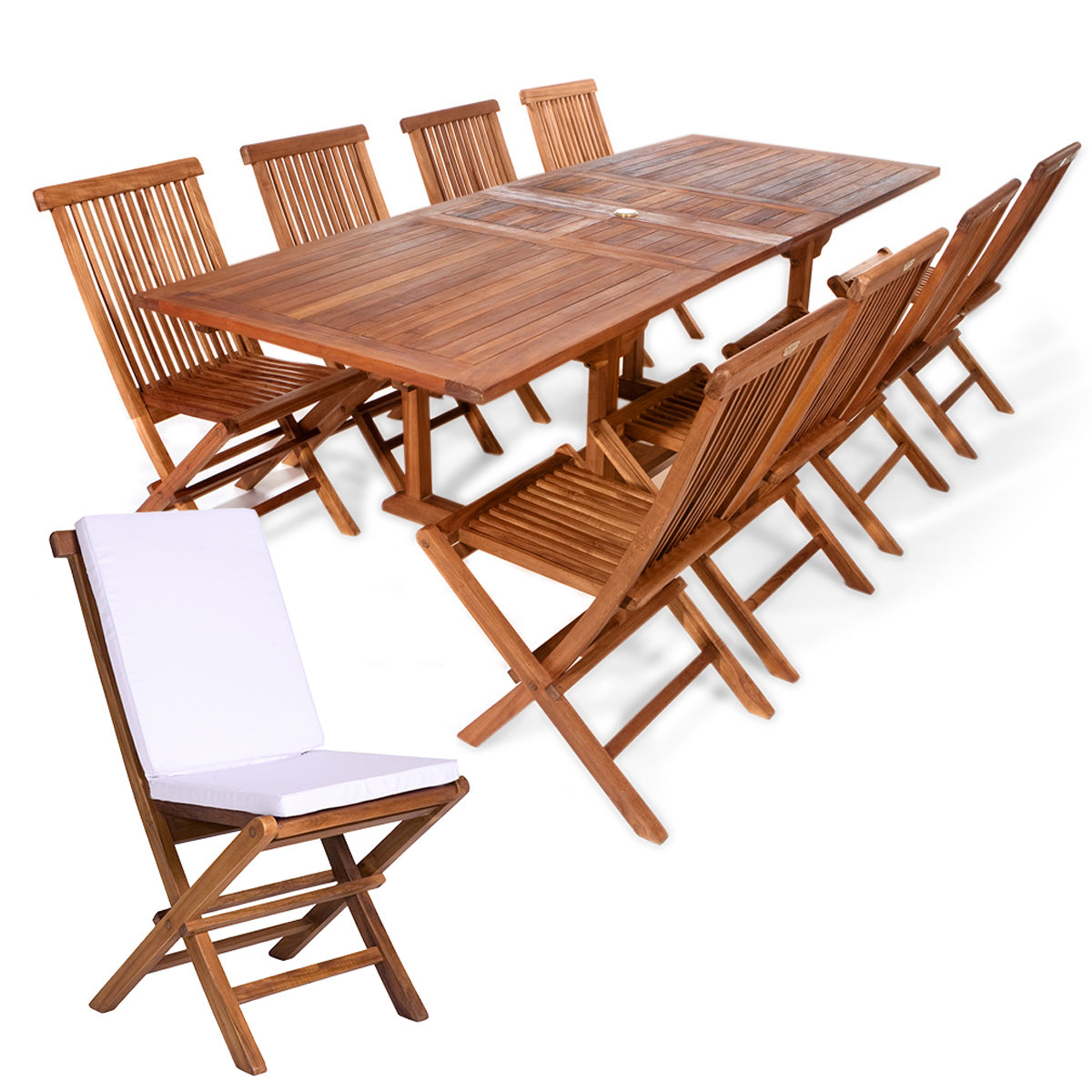 All Things Cedar 9-Piece Twin Butterfly Leaf Teak Extension Table Folding Chair Set with Royal White Cushions