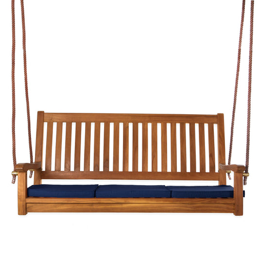 All Things Cedar Teak Swing with Blue Cushions