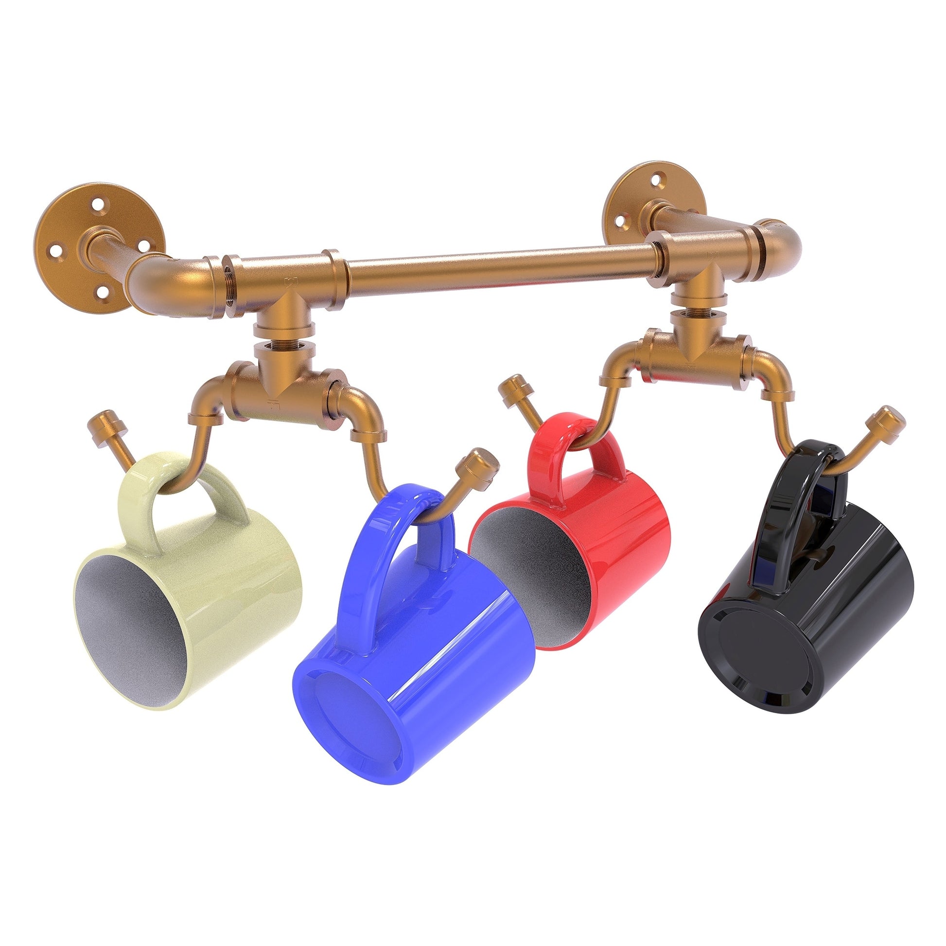Allied Brass Pipeline 17.3" x 6.2" Brushed Bronze Solid Brass Wall-Mounted 4-Coffee Mug Rack