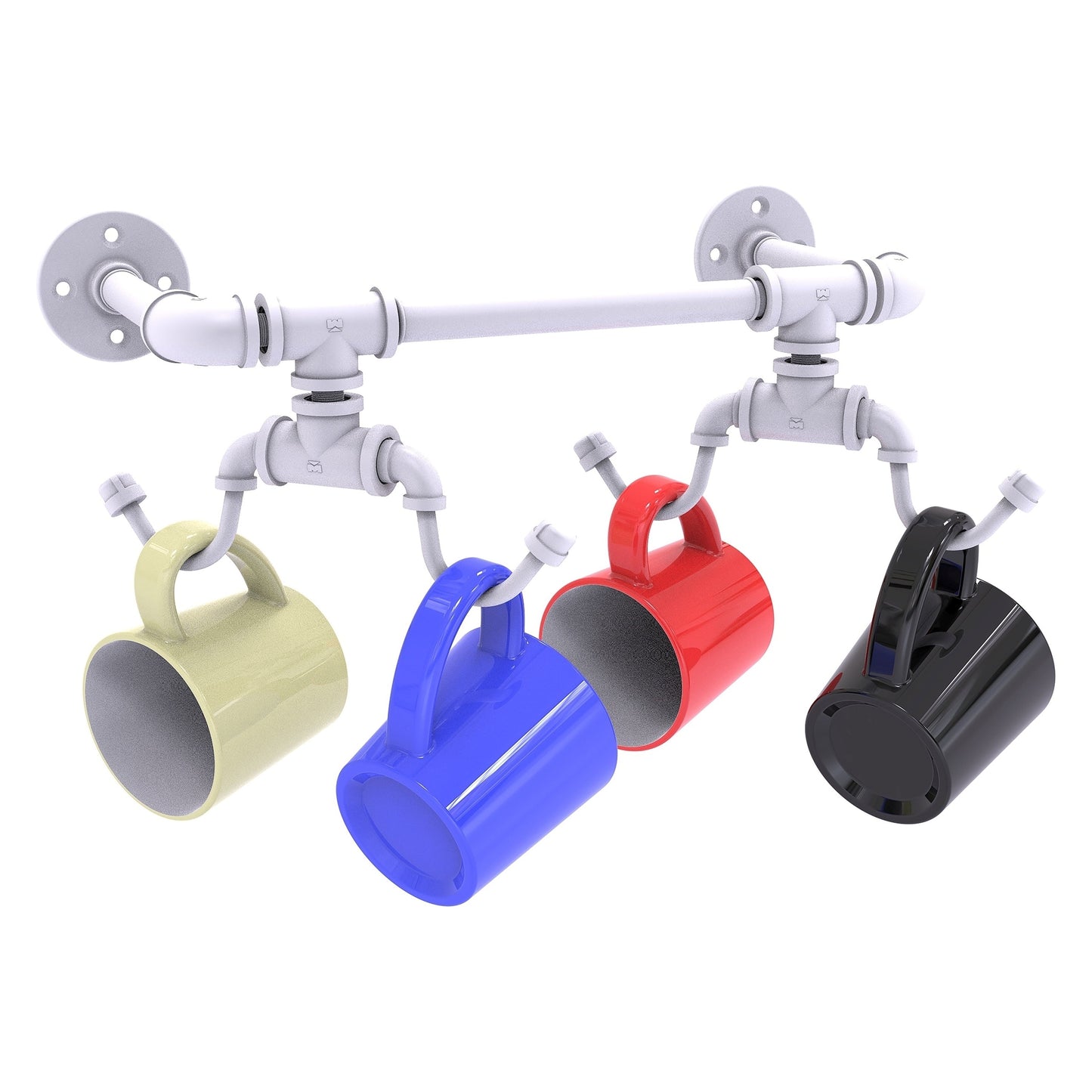 Allied Brass Pipeline 17.3" x 6.2" Matte White Solid Brass Wall-Mounted 4-Coffee Mug Rack