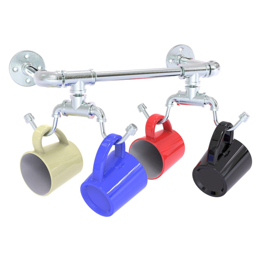 Allied Brass Pipeline 17.3" x 6.2" Polished Chrome Solid Brass Wall-Mounted 4-Coffee Mug Rack
