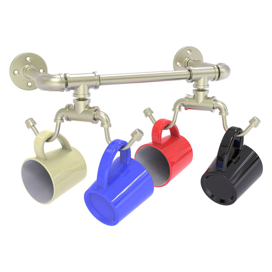 Allied Brass Pipeline 17.3" x 6.2" Satin Nickel Solid Brass Wall-Mounted 4-Coffee Mug Rack