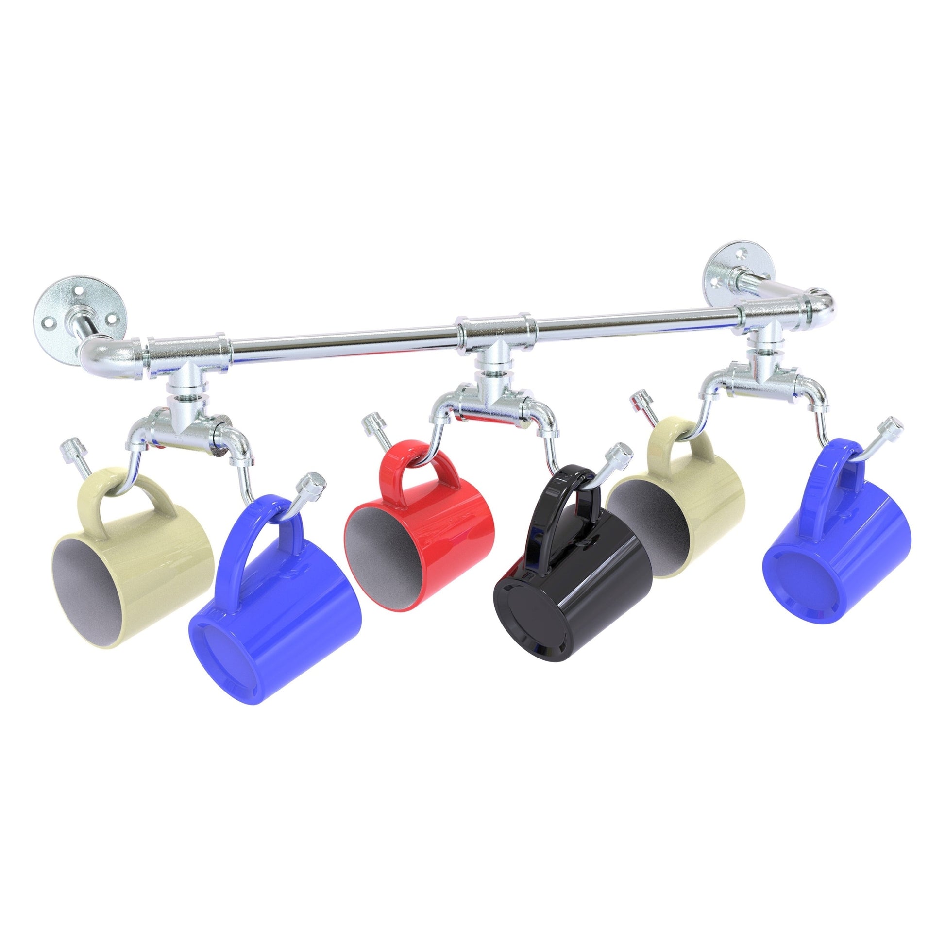 Allied Brass Pipeline 26.9" x 6.2" Polished Chrome Solid Brass Wall-Mounted 6-Coffee Mug Rack