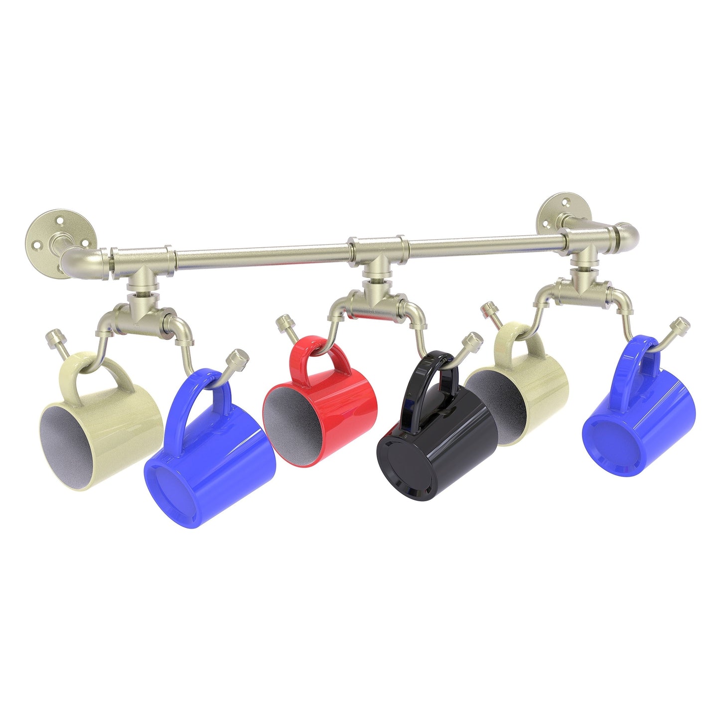 Allied Brass Pipeline 26.9" x 6.2" Satin Nickel Solid Brass Wall-Mounted 6-Coffee Mug Rack