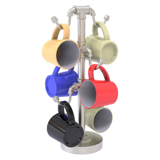 Allied Brass Pipeline 9.4" x 9.4" Satin Nickel Solid Brass Countertop 6-Coffee Mug Holder