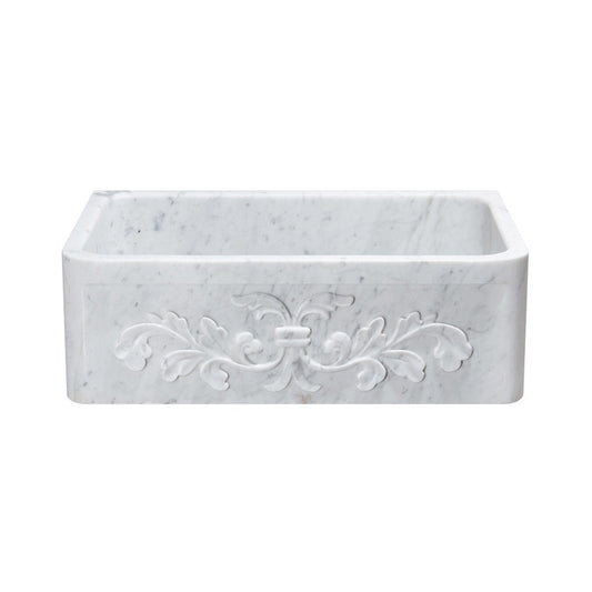 Allstone Group Carrara White 30″ Marble Floral Front Rectangular Farmhouse Kitchen Sink