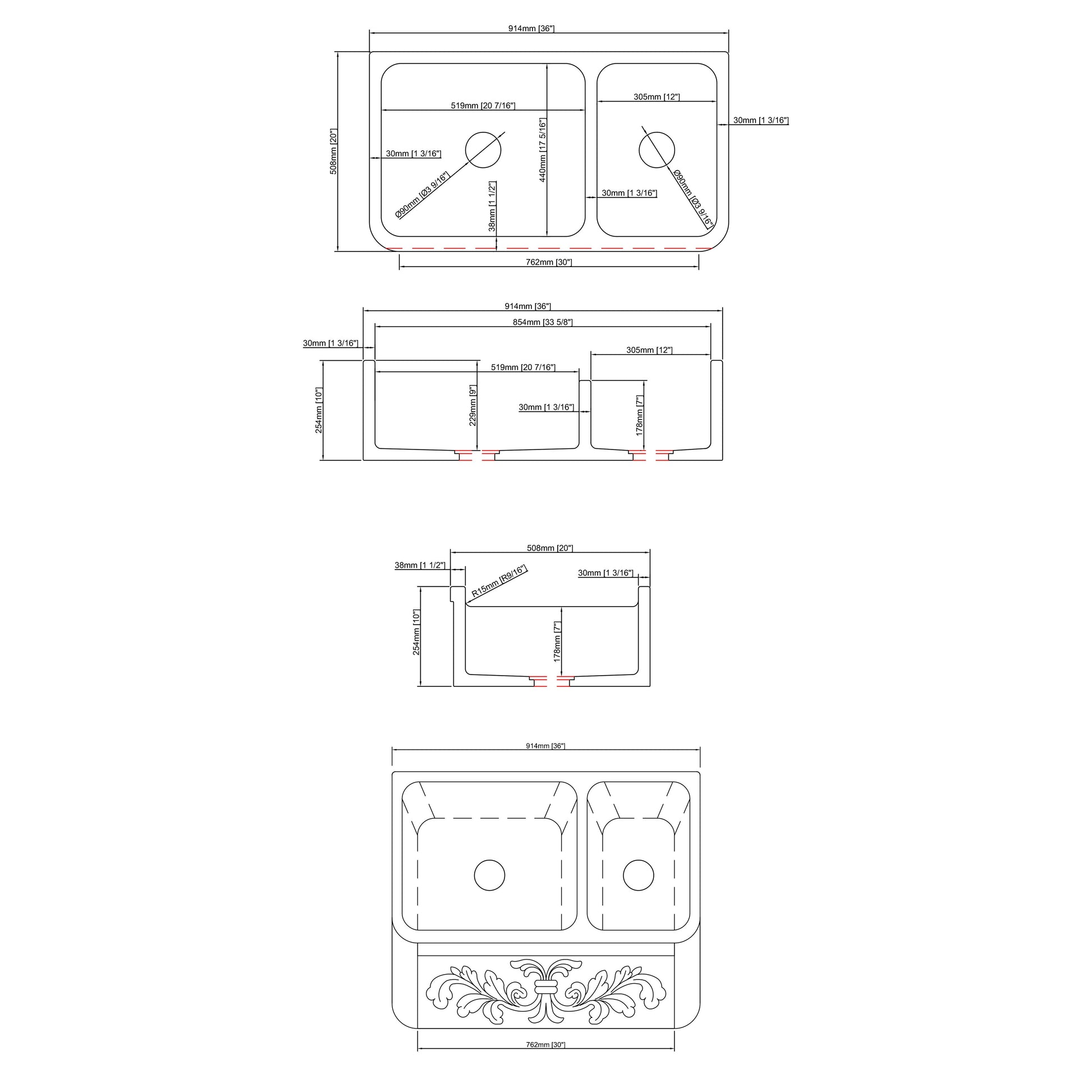 Allstone Group Carrara White 36″ Marble Floral Carving Front 60/40 Double Basin Farmhouse Kitchen Sink