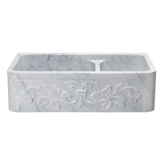 Allstone Group Carrara White 36″ Marble Floral Carving Front 60/40 Double Basin Farmhouse Kitchen Sink