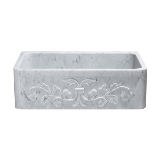 Allstone Group Carrara White 36″ Marble Floral Carving Front Single Basin Farmhouse Kitchen Sink