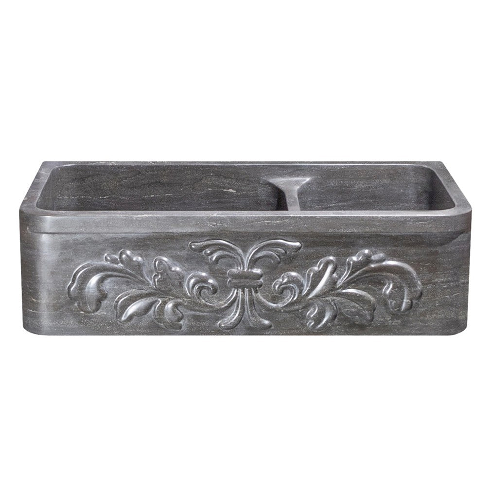 Allstone Group Smoke Brown Limestone 36″ Floral Front 60/40 Double Basin Rectangular Farmhouse Kitchen Sink