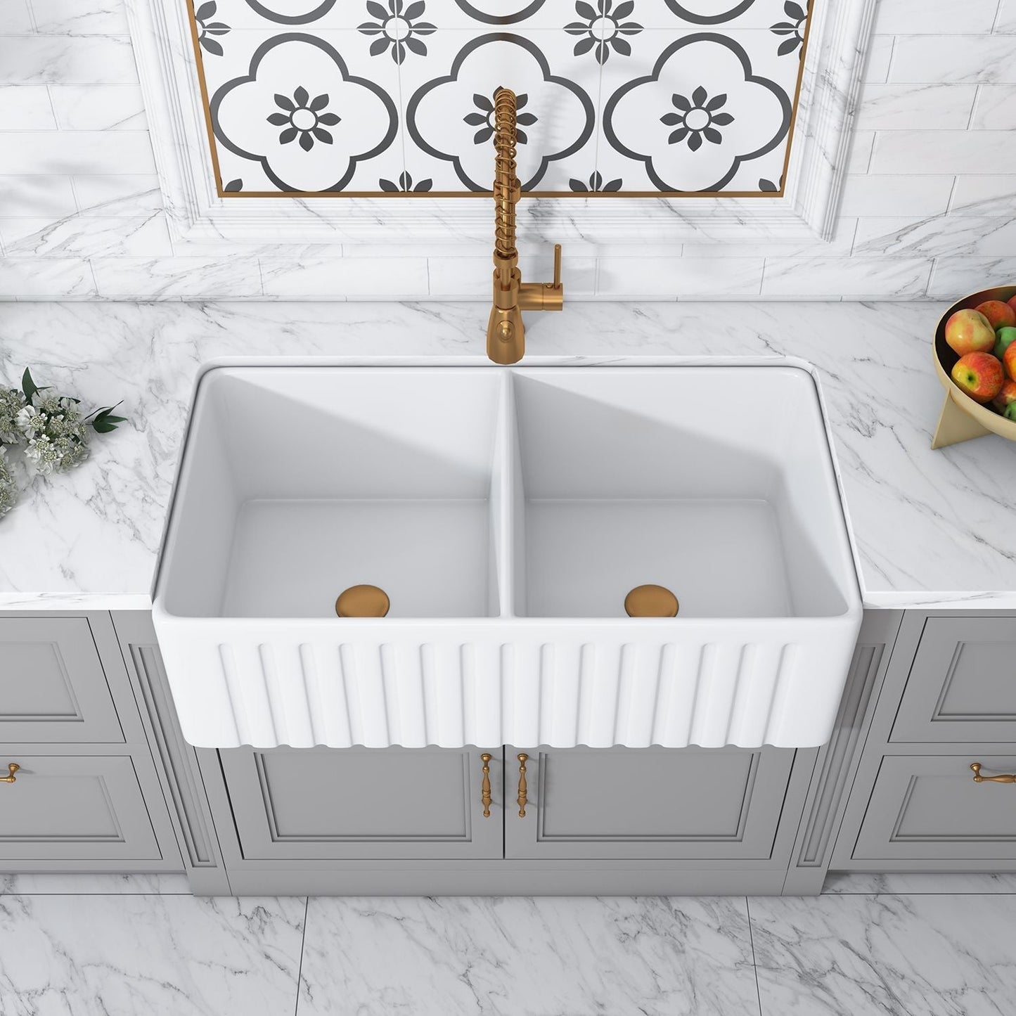 Altair Cremona 33" Rectangular White Ceramic Double Farmhouse Sink