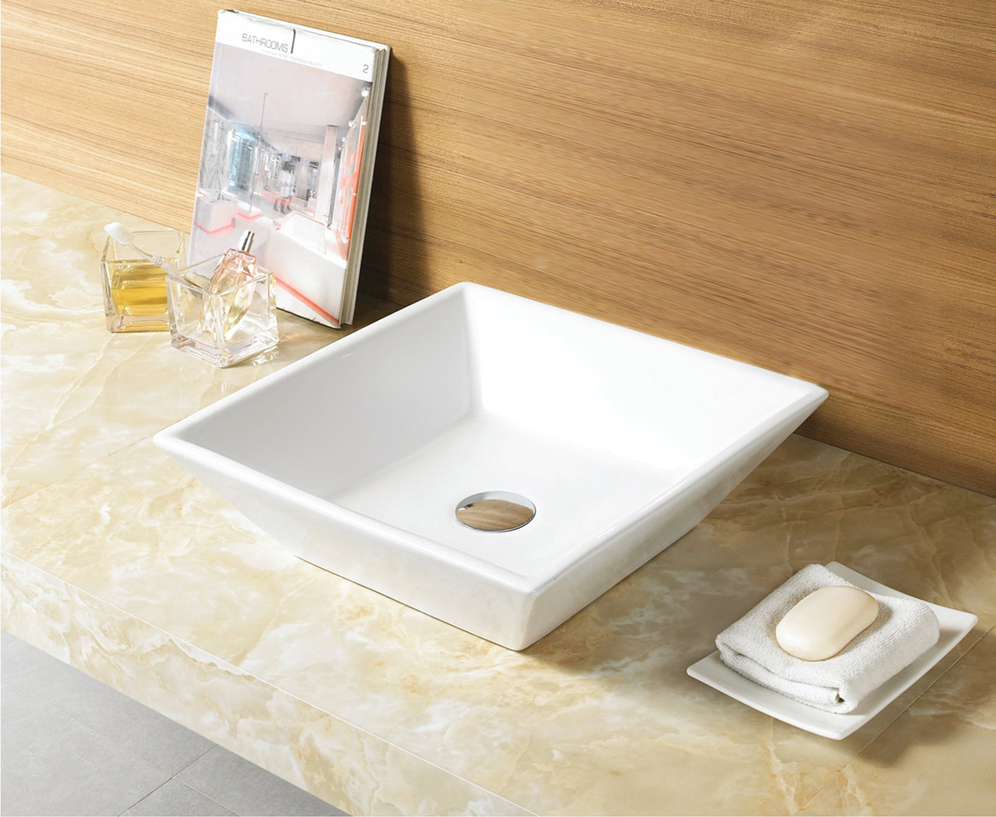 American Imaginations AI-26339 16" White Square Above Counter Modern Bathroom Vessel Sink Set