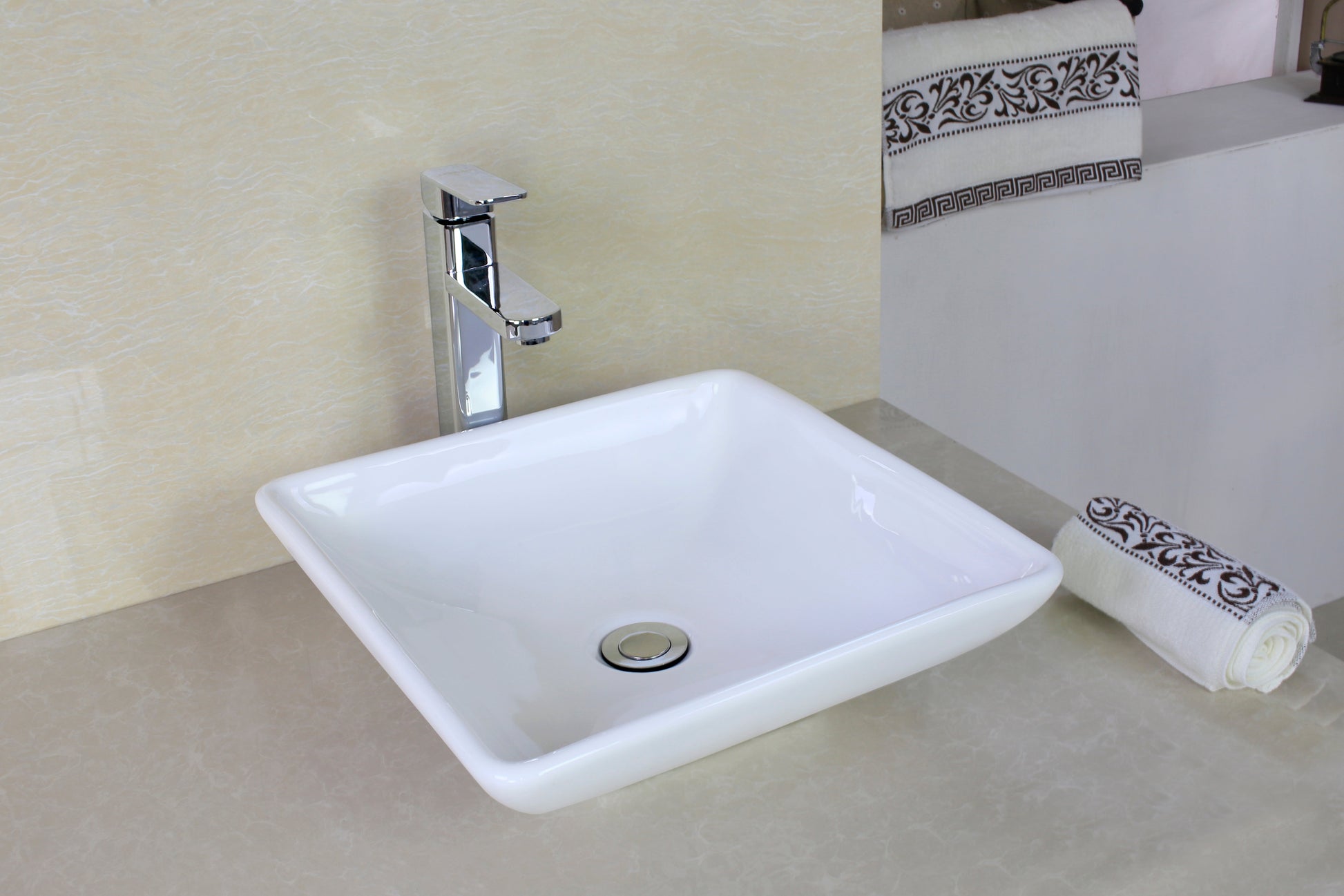 American Imaginations AI-26341 16" White Square Above Counter Modern Bathroom Vessel Sink Set