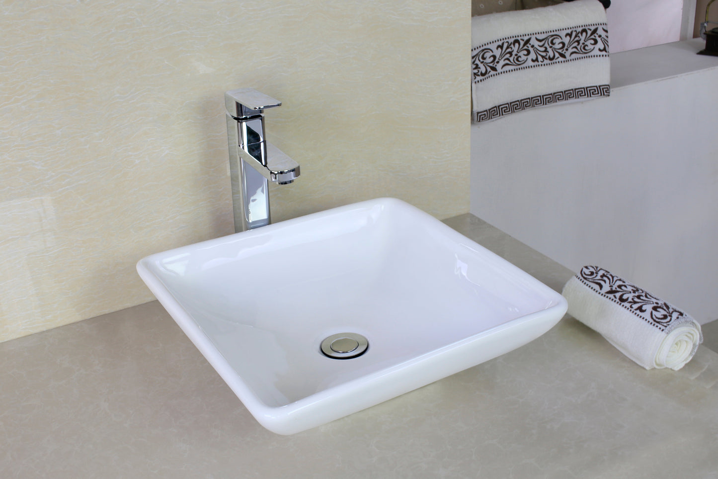 American Imaginations AI-26342 16" White Square Above Counter Modern Bathroom Vessel Sink Set