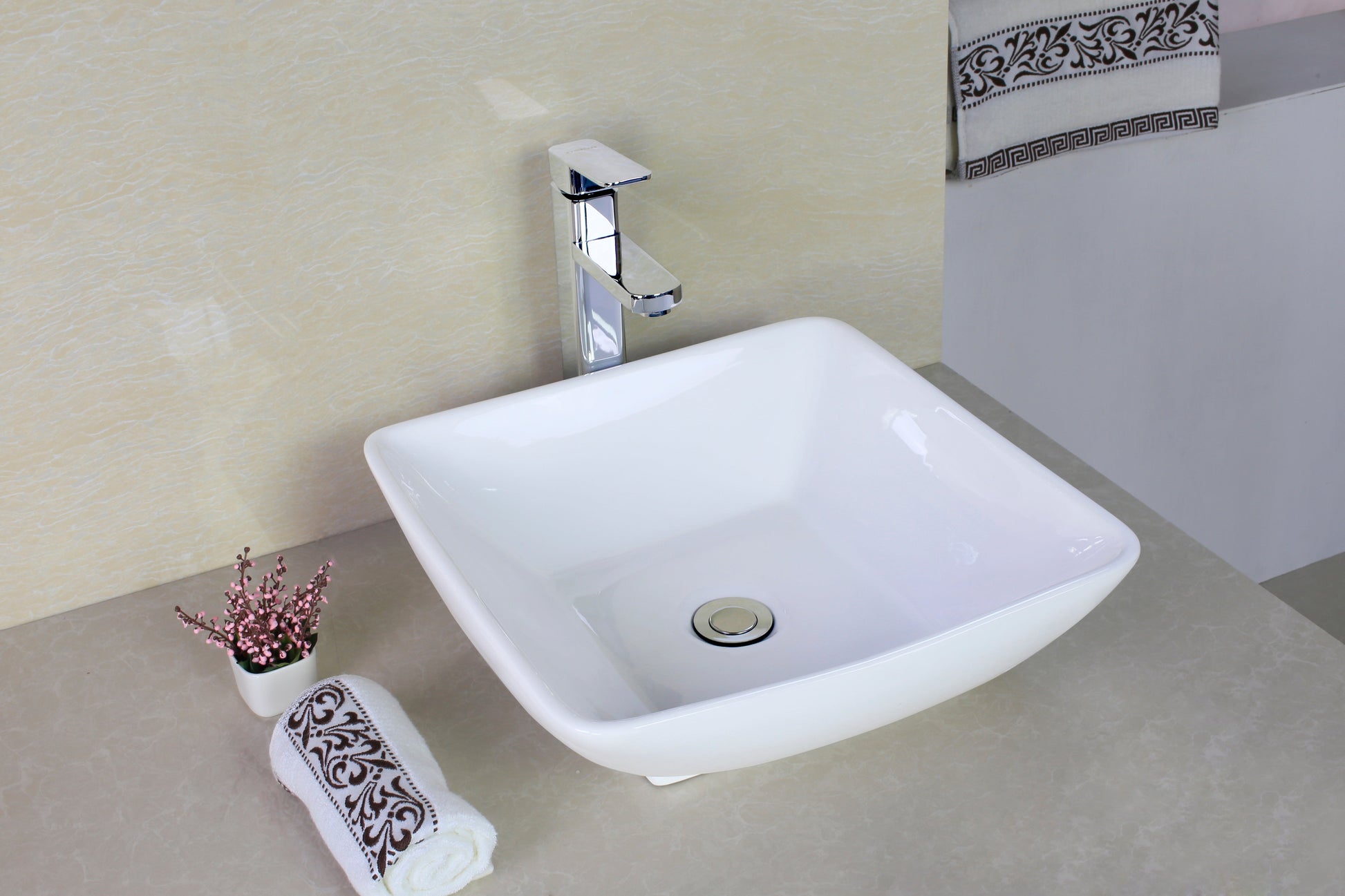 American Imaginations AI-26345 17" White Square Above Counter Modern Bathroom Vessel Sink Set