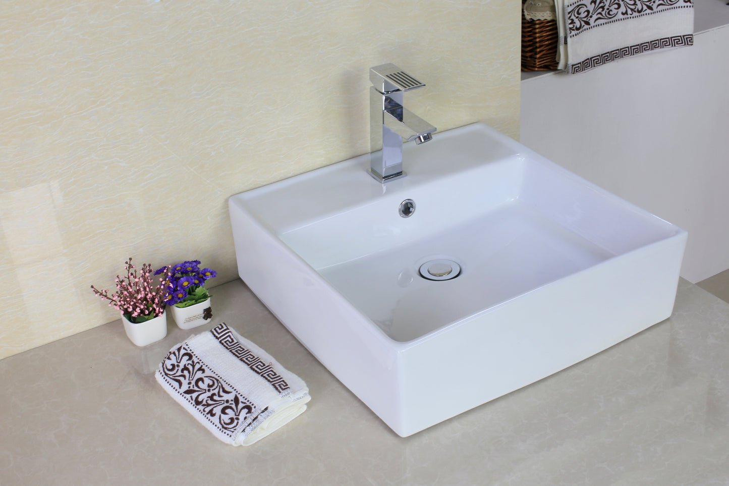 American Imaginations AI-26379 18" White Square Above Counter Modern Bathroom Vessel Sink Set