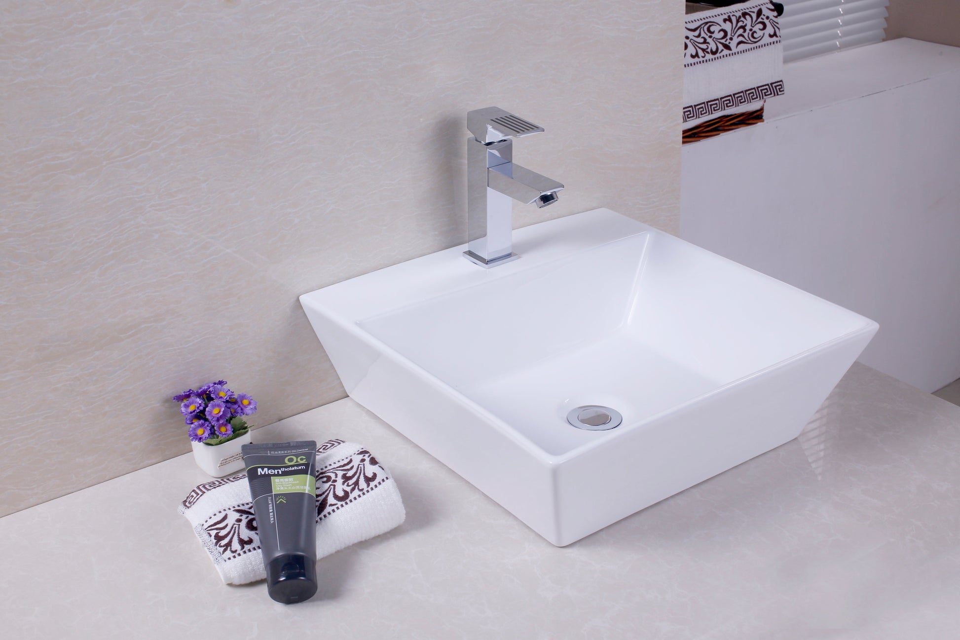 American Imaginations AI-26384 17" White Square Above Counter Modern Bathroom Vessel Sink Set