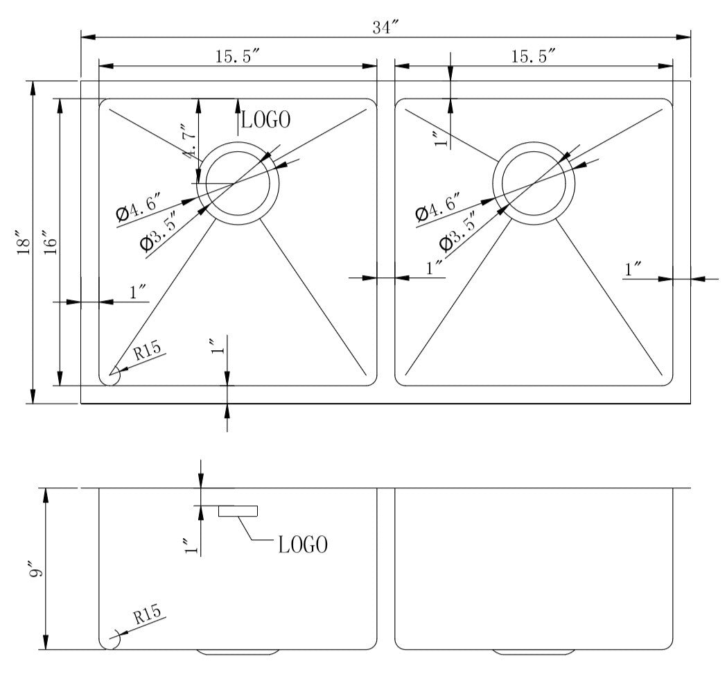 American Imaginations AI-27430 34" Stainless Steel Rectangle Stainless Steel Modern Kitchen Sink