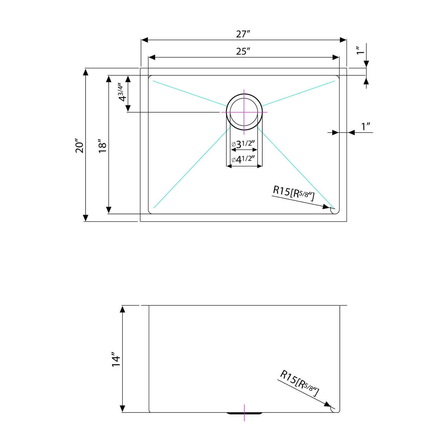 American Imaginations AI-27444 27" Stainless Steel Rectangle Stainless Steel Modern Kitchen Sink