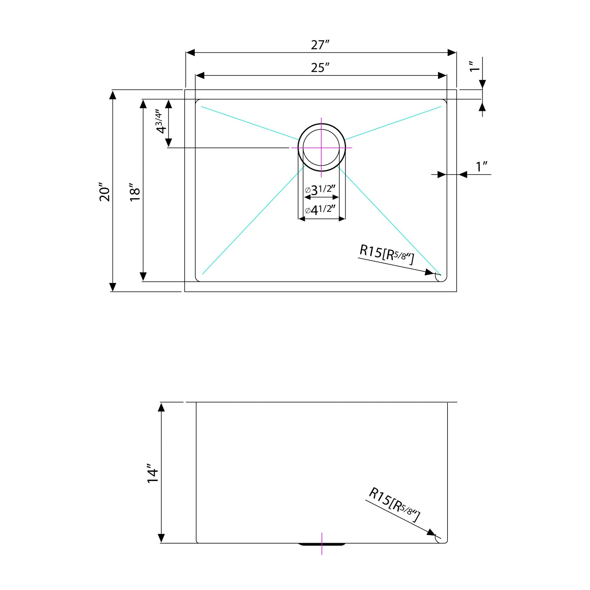 American Imaginations AI-27444 27" Stainless Steel Rectangle Stainless Steel Modern Kitchen Sink