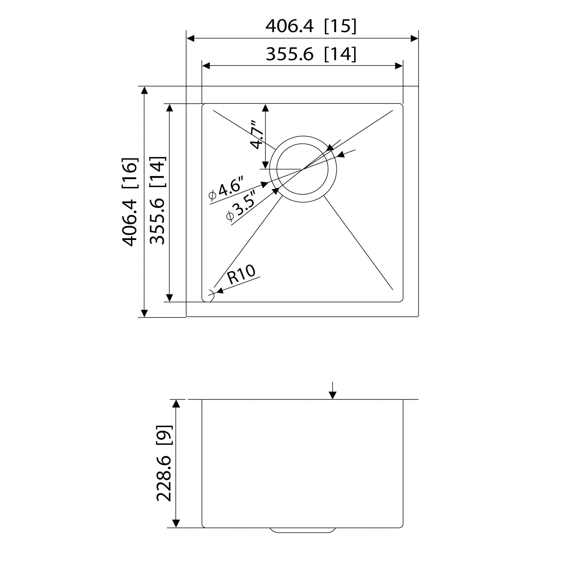 American Imaginations AI-27521 16" Stainless Steel Square Stainless Steel Modern Kitchen Sink